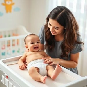 مادر در حال تعویض پوشک بچه با پوشک ضد حساسیت