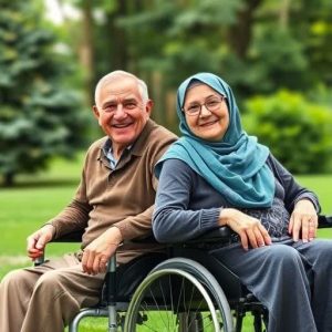 پیرمرد و پیرزن خوشحال بر روی ویلچر در حال خندیدن_استفاده از پوشک بزرگسال برای راحتی و اسایش 